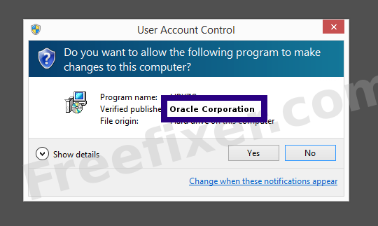 Screenshot where Oracle Corporation appears as the verified publisher in the UAC dialog